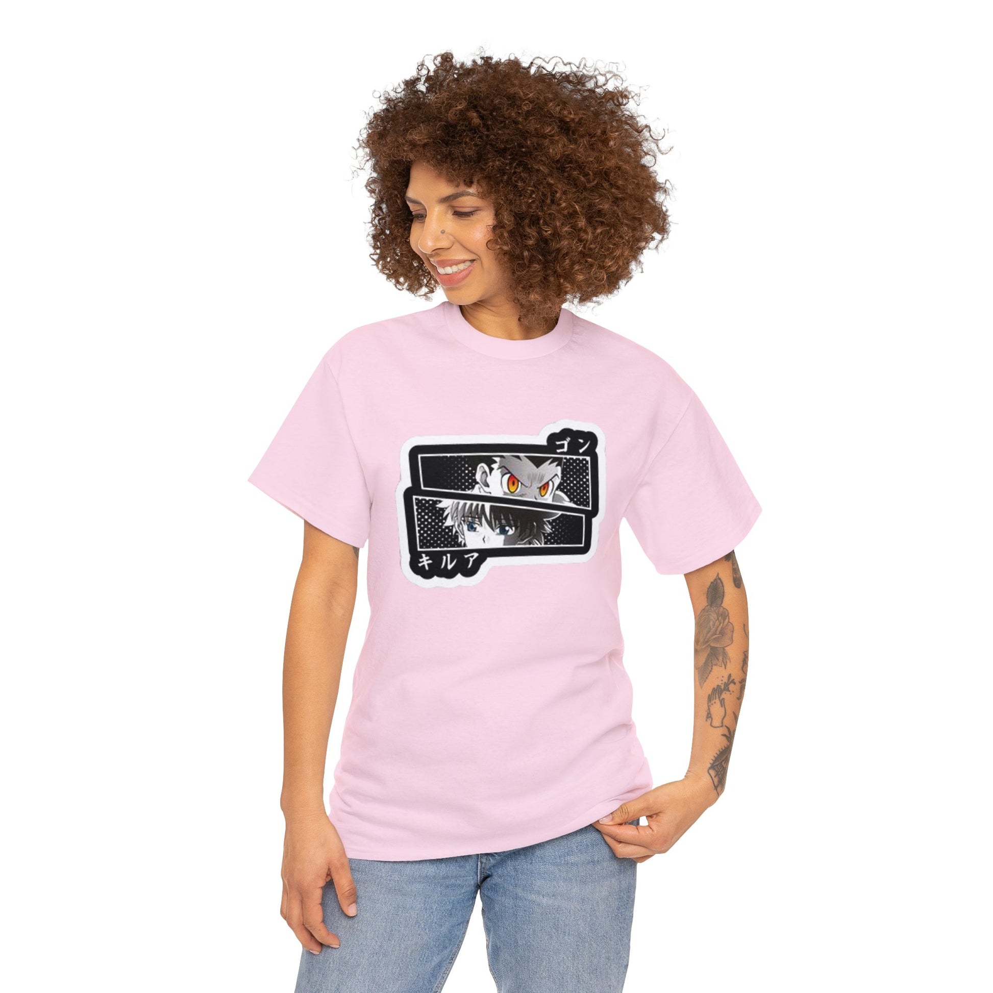 t-shirt manga hunter x hunter gon x kirua couleur rose pour femme